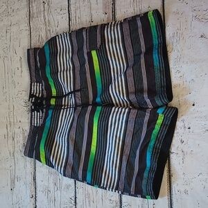 Speedo Men's Black Neon Yellow Blue Striped Board Shorts S NWOT